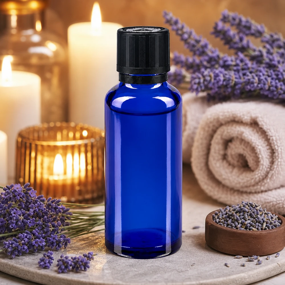 Flacon en verre bleu de 30 ml avec compte-gouttes, dans une ambiance spa avec des fleurs de lavande et des bougies