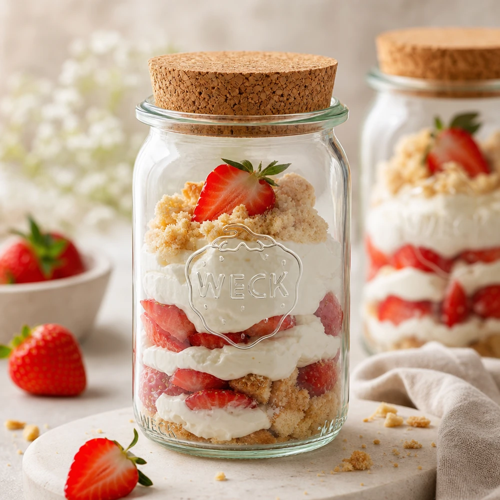 WECK barattolo per conserve 145ml con coperchio in sughero può essere utilizzato come barattolo per dolci con crostata di fragole e tiramisù a strati in barattolo