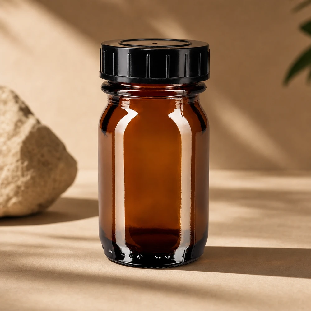 Bottiglia piccola in vetro ambrato da 30 ml con ampia apertura per facilitare il riempimento e lo svuotamento.