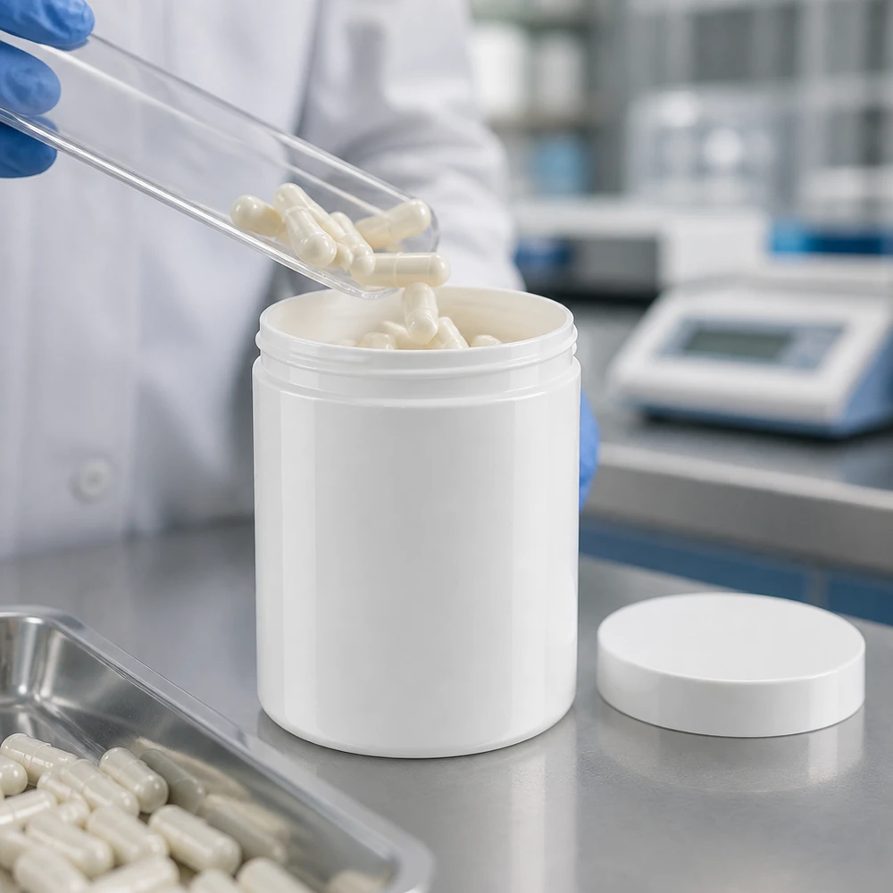 Pot blanc pour produits solides de 300 g en PP avec bouchon à vis, destiné aux gélules dans l'industrie pharmaceutique