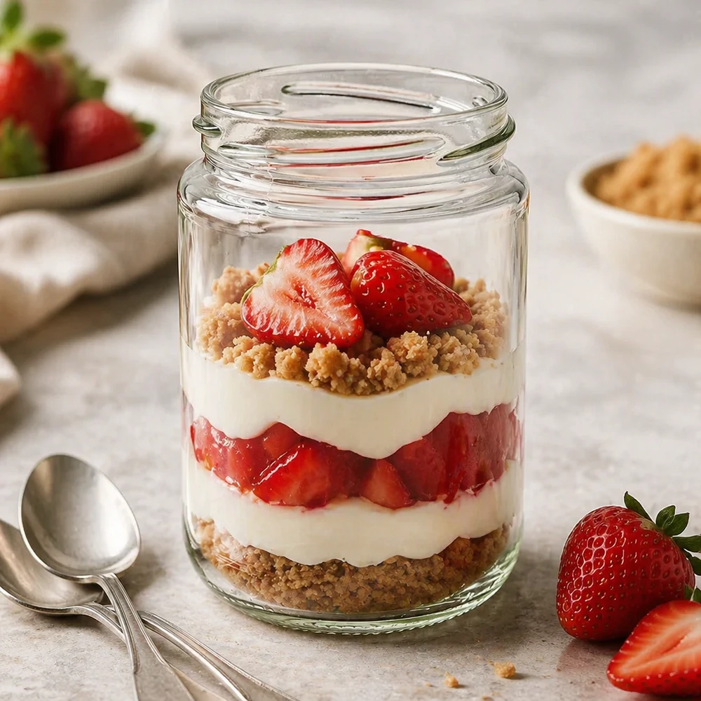 UNiTWIST Runda390 Rundglas 390ml TO70 mit Erdbeer-Dessert-Schichten als Einmachglas für Nachspeisen und Meal Prep