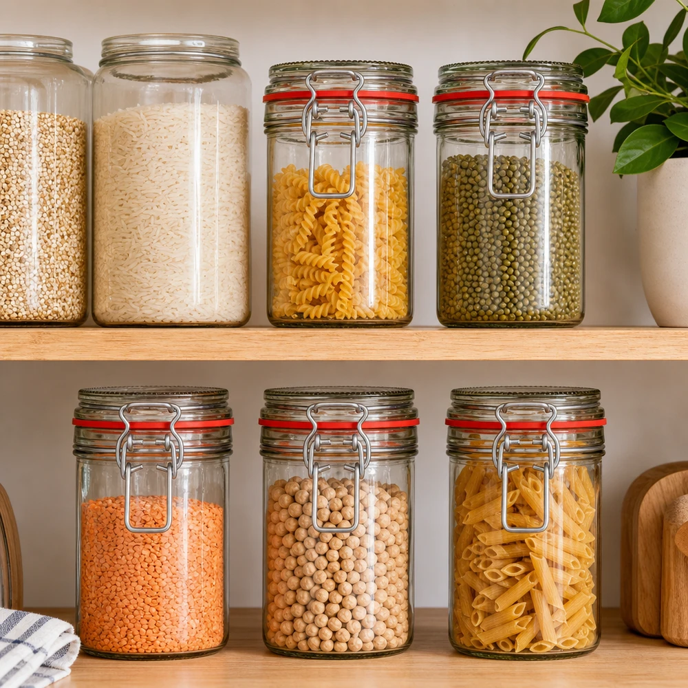 Bocal de conservation de 272 ml, type G, avec bouchon à clip UN.. Vorratsgläser mit Bügelverschluss gefüllt mit Nudeln Reis und Hülsenfrüchten in moderner Küchenorganisation