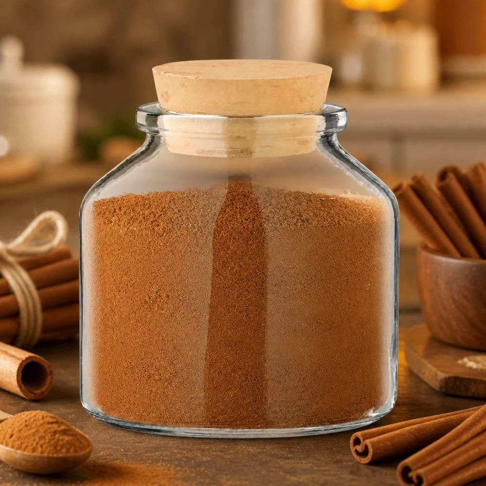 Idea barattolo per spezie: rotondo 100ml trasparente con tappo di sughero 22/26 Piccolo barattolo trasparente di vetro, forma bombata, 100 ml, con tappo di sughero, riempito con cannella in polvere