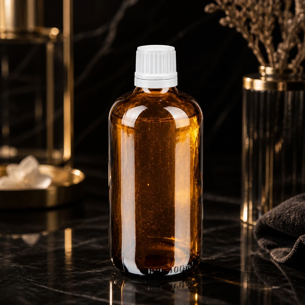 Flacon compte-gouttes marron de 100 ml avec bouchon d'origine blanc, mis en valeur avec élégance sur un fond de marbre noir