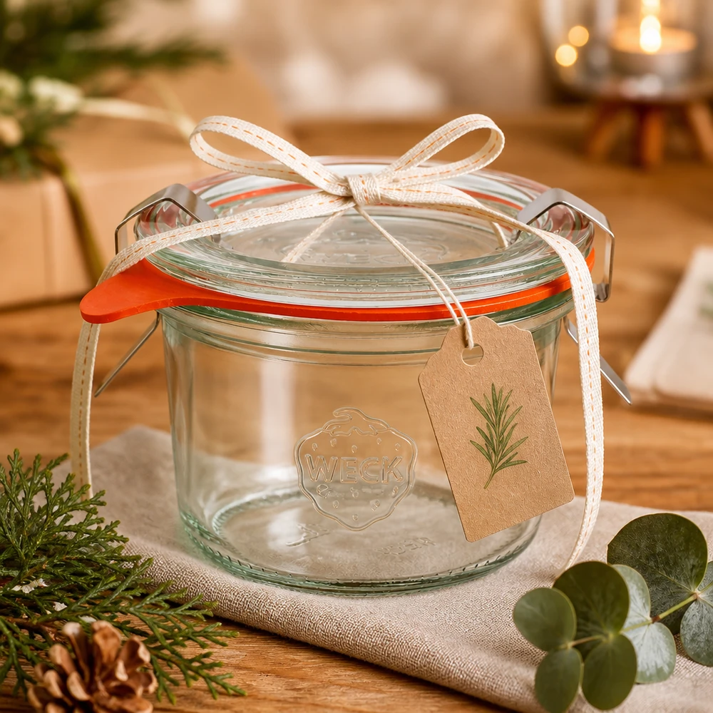 80ml Sturzglas komplett WECK RR60 80ml WECK Sturzglas RR60 als Geschenkverpackung mit Schleifenband und Anhänger in gemütlicher Weihnachtsdeko