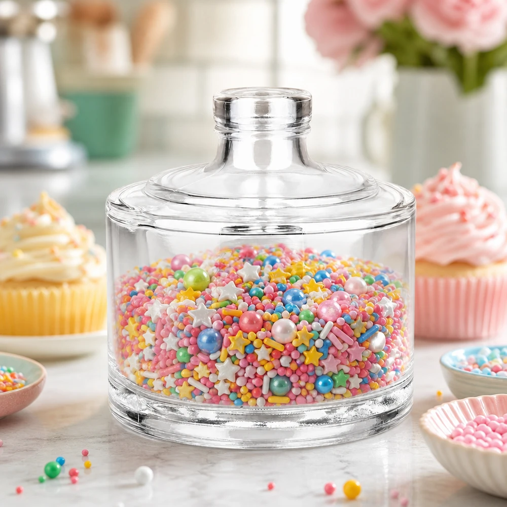 200ml Glasflasche Barbara als Bonbonglas mit bunten Streuseln und Kugeln für Backzubehör und Süßwaren Aufbewahrung