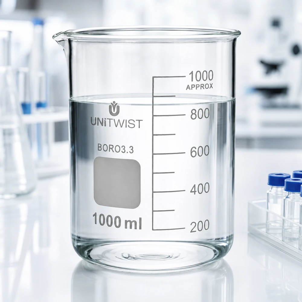 Bicchiere da laboratorio UNiTWIST da 1000 ml in borosilicato 3.3, di forma bassa, riempito d'acqua su un tavolo da laboratorio