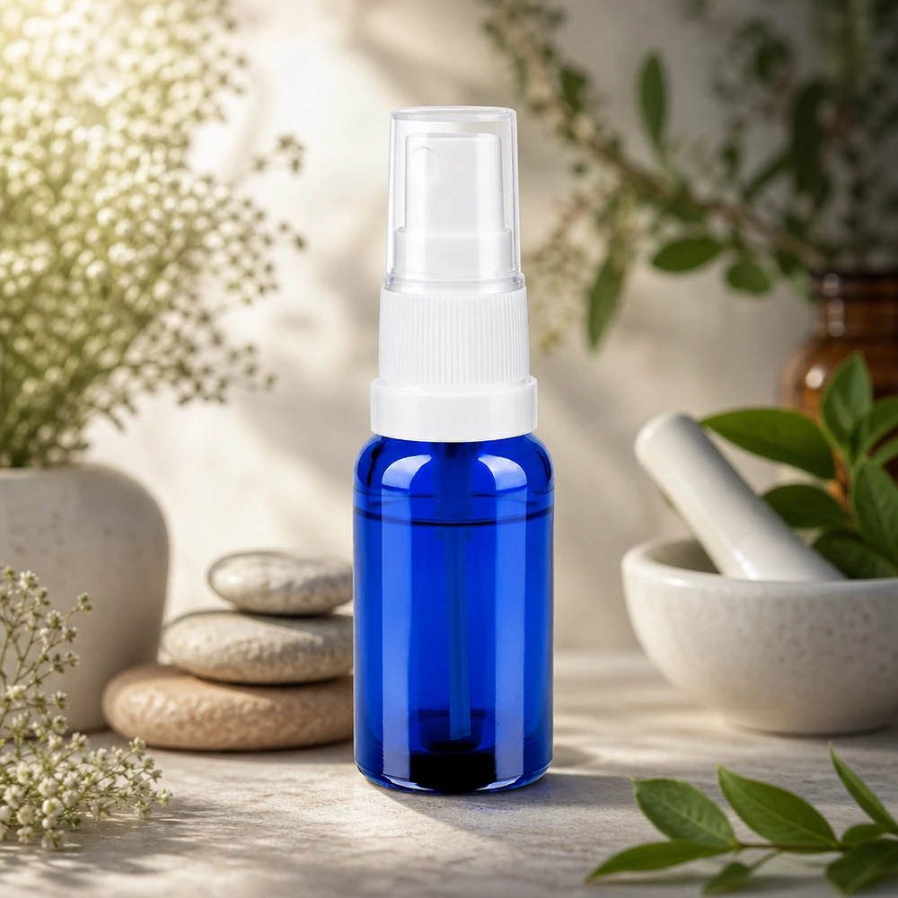 Piccolo flacone spray in vetro blu da 20 ml con distribuzione uniforme per miscele di oli essenziali
