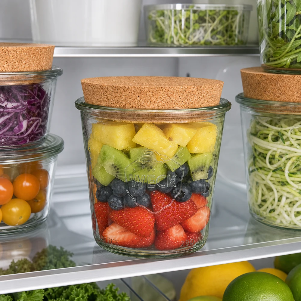 WECK Sturzglas 290ml RR80 mit Korkdeckel zur Aufbewahrung von frischen Früchten im Kühlschrank Meal Prep