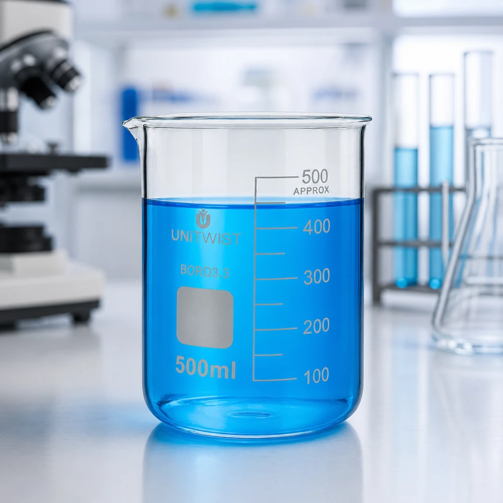Bicchiere 500ml borosilicato, stampo basso UNiTWIST Bicchiere da laboratorio UNiTWIST da 500 ml, forma bassa, riempito con liquido blu fino al segno dei 450 ml