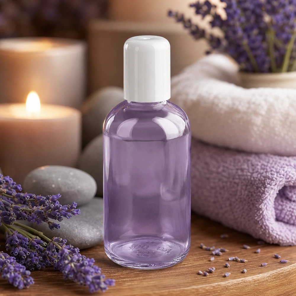 Flacone Roll-On da 100 ml bianco STD ClearLine UT18/100 Flacone roll-on da 100 ml bianco ClearLine UT18/100 riempito con olio di lavanda in un ambiente da spa