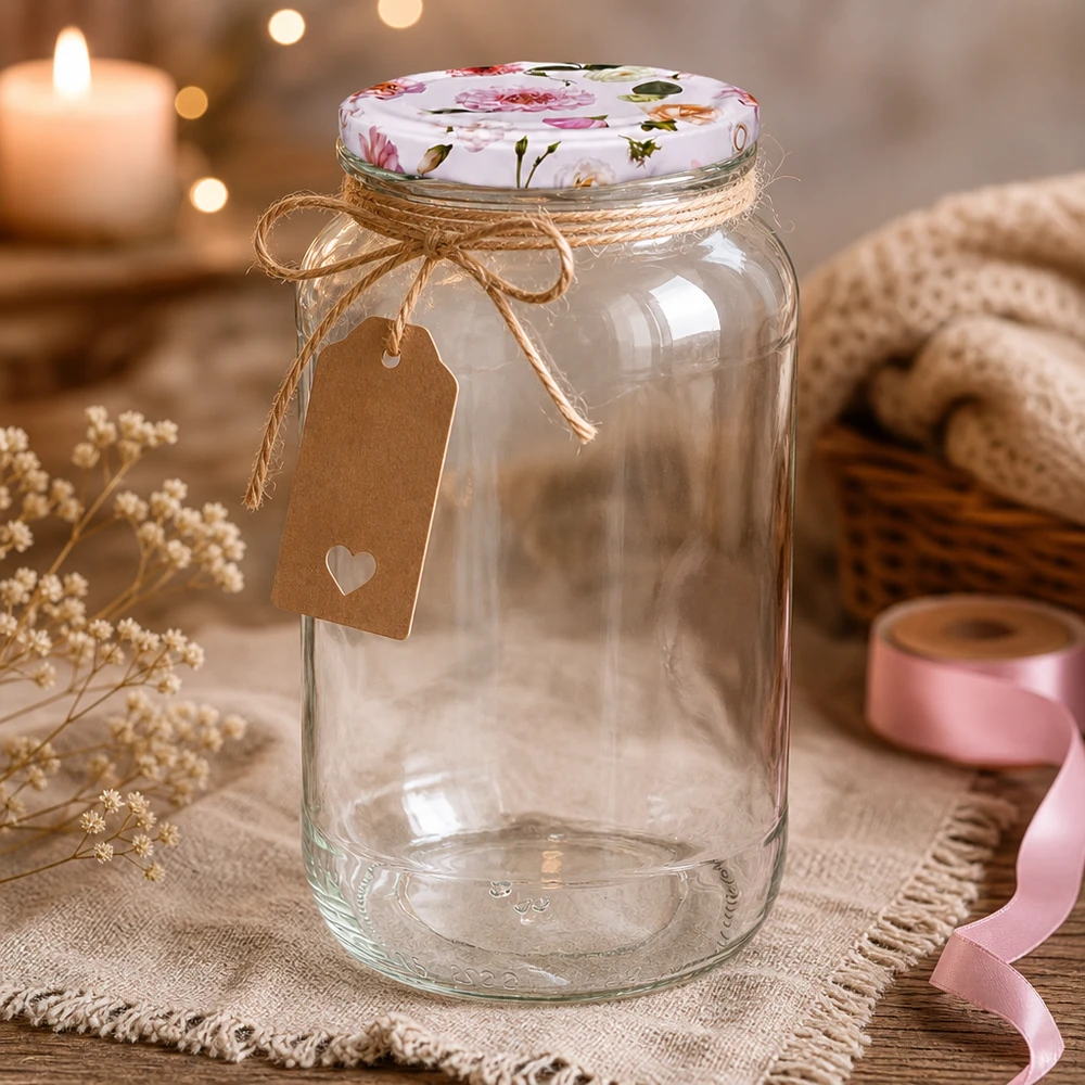 1062ml Rundglas + BasicSeal Deckel Blume rosa UNiTWIST Dekoratives 1062ml Rundglas mit rosa Blumendeckel BasicSeal und Geschenkanhänger rustikale Präsentation