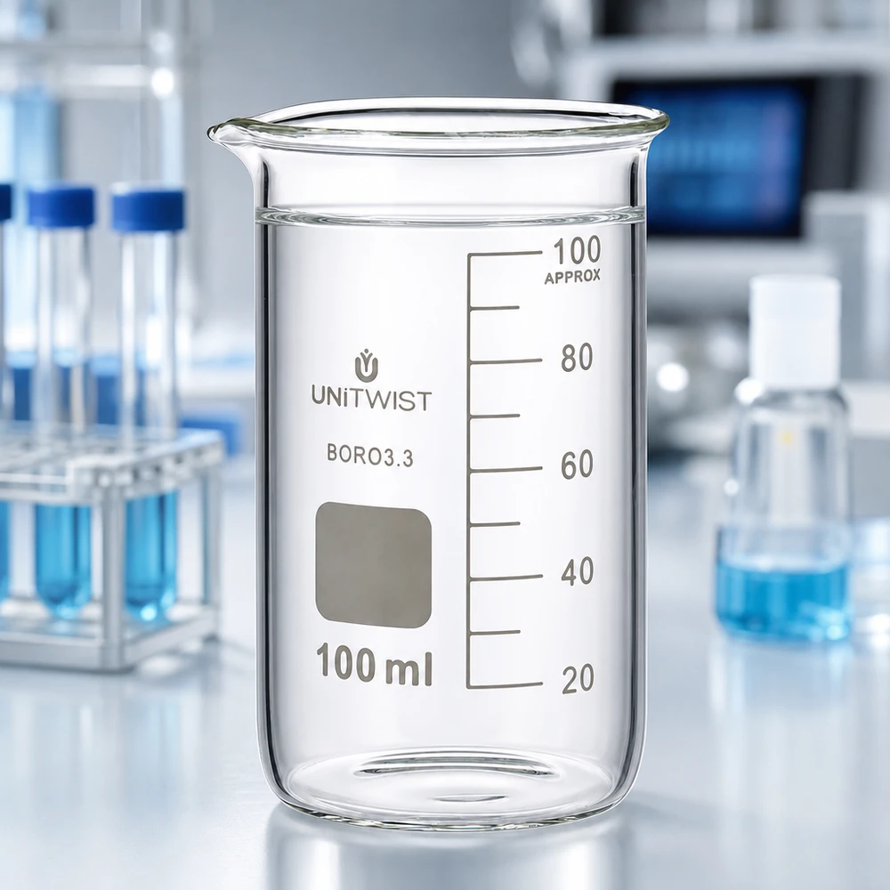Bicchiere da 100 ml in borosilicato, forma alta UNITWIST Becher vuoto da 100 ml, forma alta, borosilicato 3.3 UNITWIST con spazio per l'etichettatura su un banco da laboratorio bianco