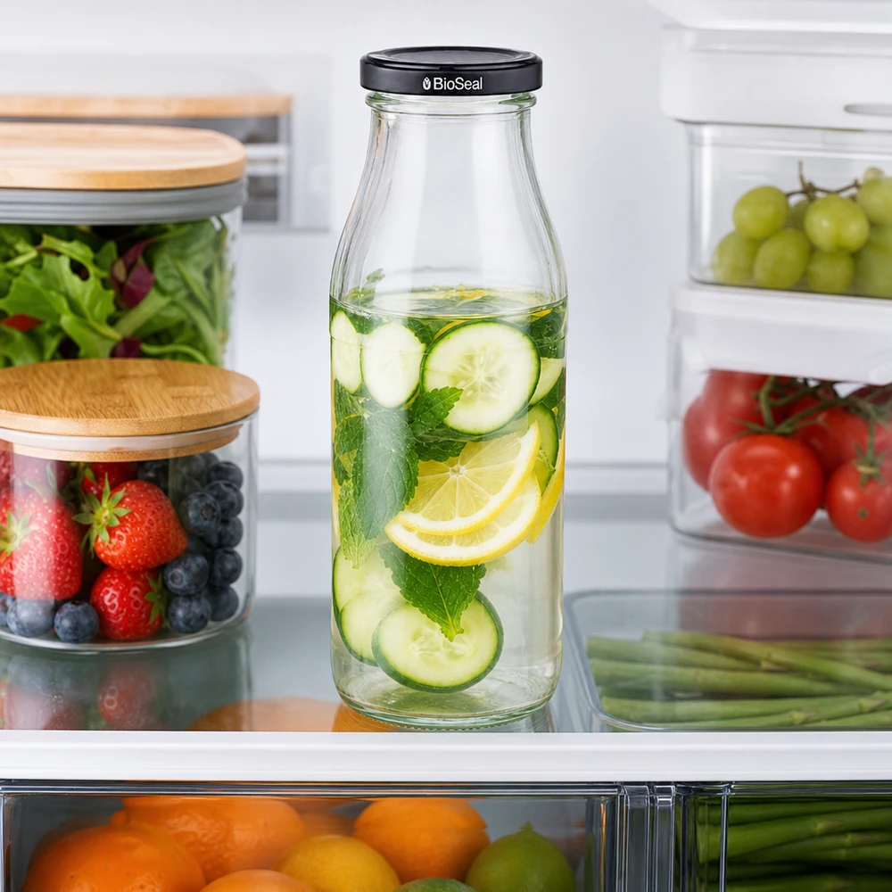 Bottiglia di vetro da 500 ml di acqua infusa al cetriolo e limone in frigorifero, accanto agli alimenti freschi nei contenitori di conservazione.