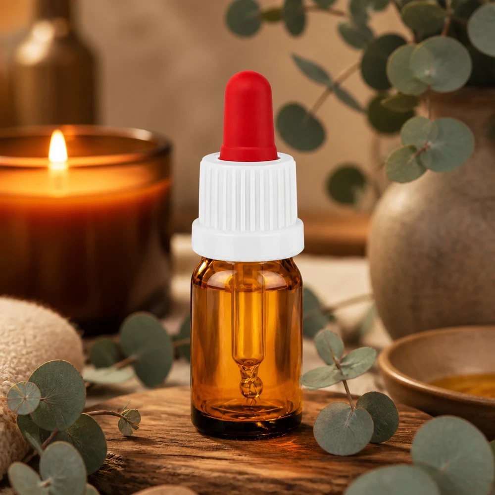 Flacone a pipetta da 5 ml in vetro ambrato con tappo bianco-rosso per oli essenziali
