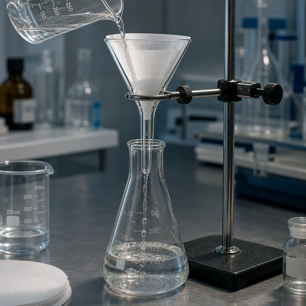 Imbuto Ø 30 mm in calce sodata, angolo 60°, stile corto Imbuto da laboratorio in vetro soda-calcareo con apertura di 30 mm e design compatto per processi di filtrazione sicuri