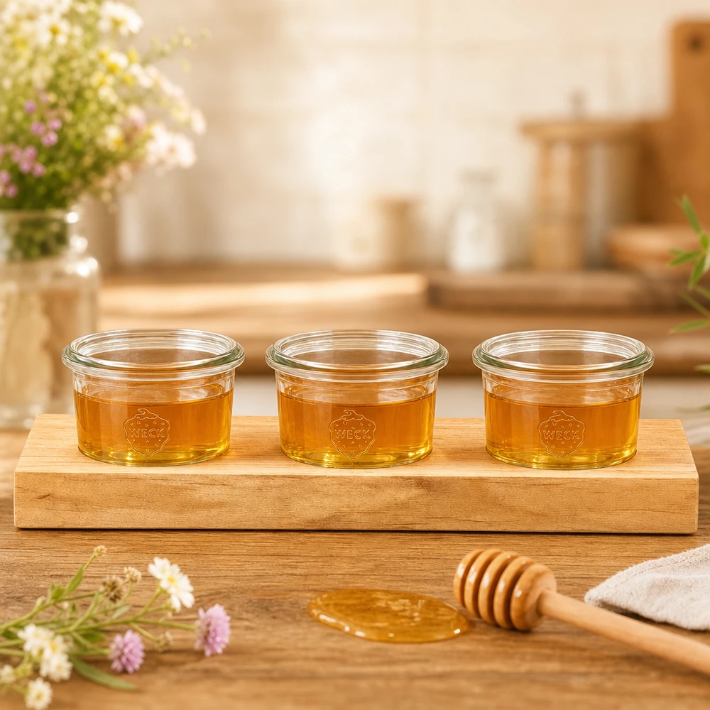 Tagliere Plano3 con 3 vasetti Weck da 80 ml Tavola di servizio Plano3 con 3 tumbler Weck da 80 ml riempiti di miele dorato accanto a un cucchiaio da miele su un tavolo di legno