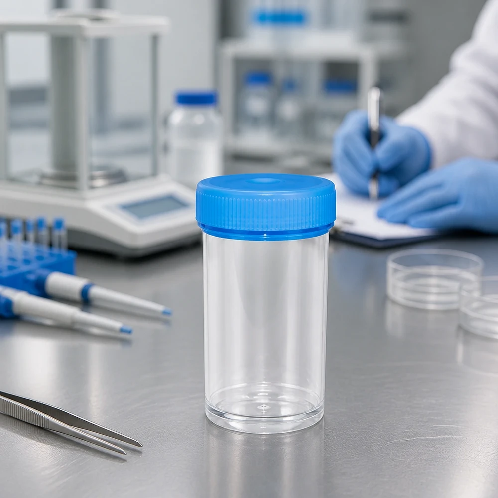 Pot en plastique multiusage de 50 ml Récipient transparent équivalent à un gobelet à urine de 50 ml, muni d'un couvercle bleu nervuré, parmi les pipettes de laboratoire