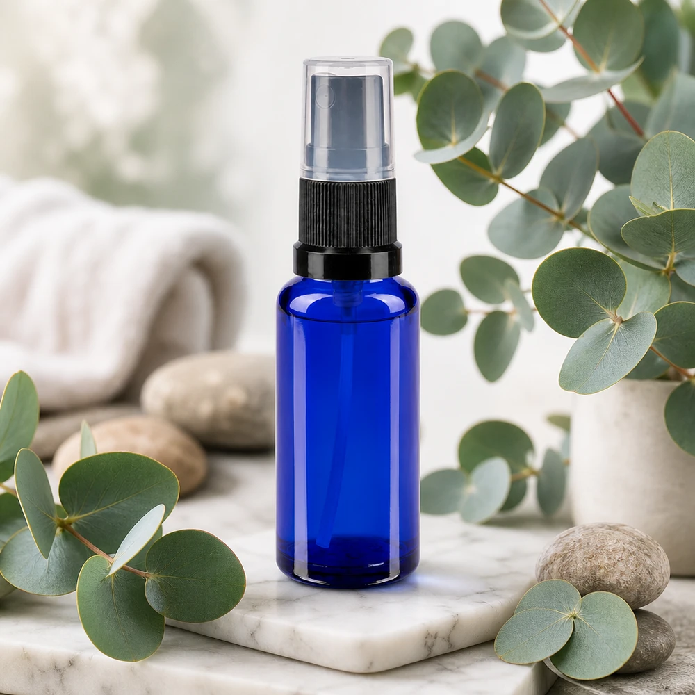 Apothekenflasche blau 30ml Sprayaufsatz schwarz Schlanke blaue 30ml Glasflasche mit Feinstaubzerstäuber für Kosmetik und Pharmazie