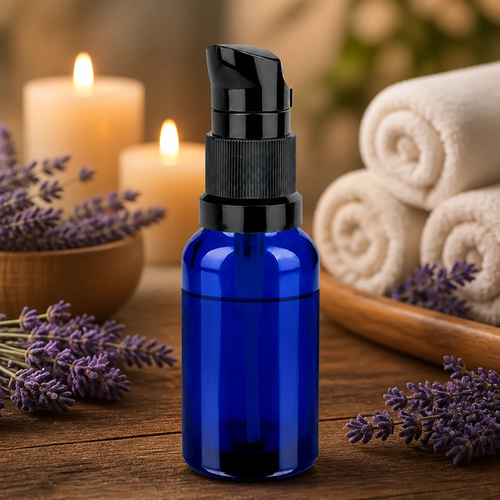 Flacone a pompa da 20 ml nero STD BlueLine UT18/20 - Protezione UV attraverso il vetro blu scuro