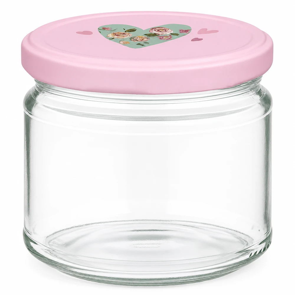 Vasetto rotondo da 330 ml con coperchio BasicSeal rosa e motivo a cuore, vasetto vuoto per marmellate e confetture