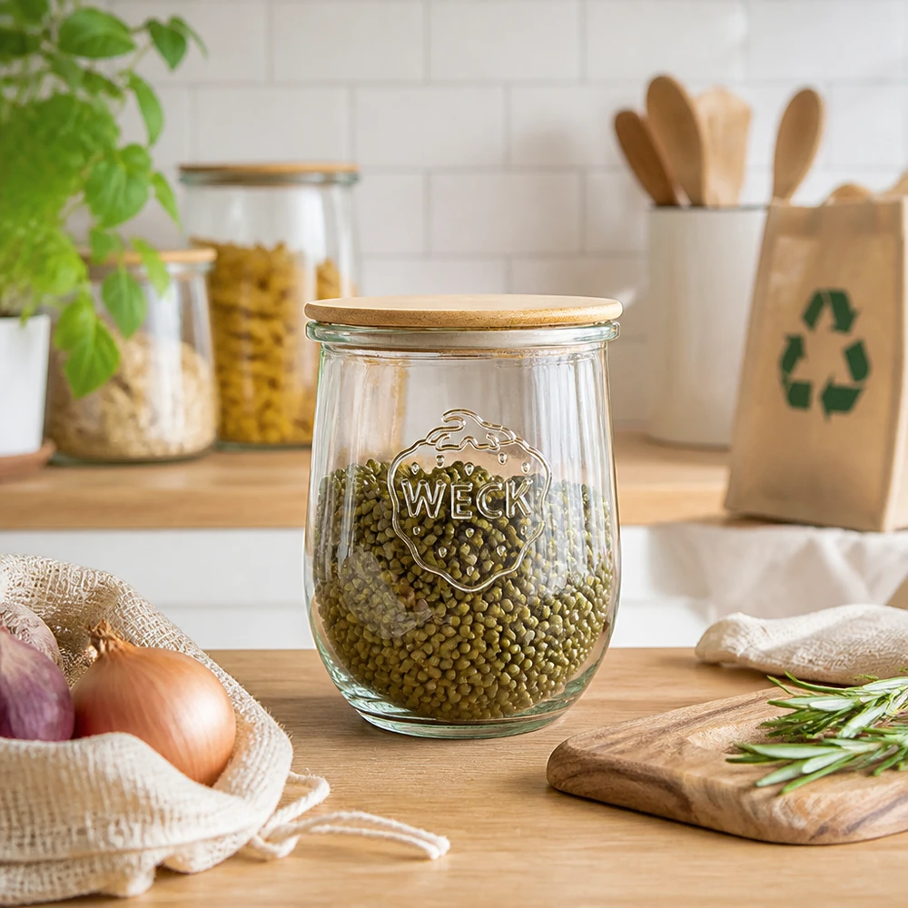 1062ml WECK RR100 vaso a tulipano con coperchio in legno WECK Tulpenglas 1062ml RR100 mit Holzdeckel als stilvolles Vorratsglas für Hülsenfrüchte in moderner Küche