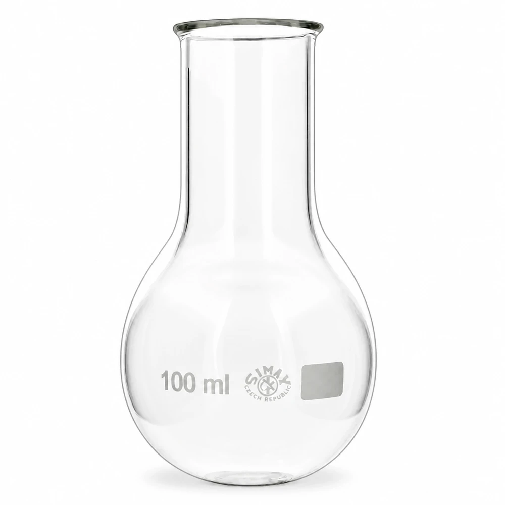 Pallone a fondo tondo a collo largo da 100 ml con forma ergonomica per una manipolazione sicura in laboratorio