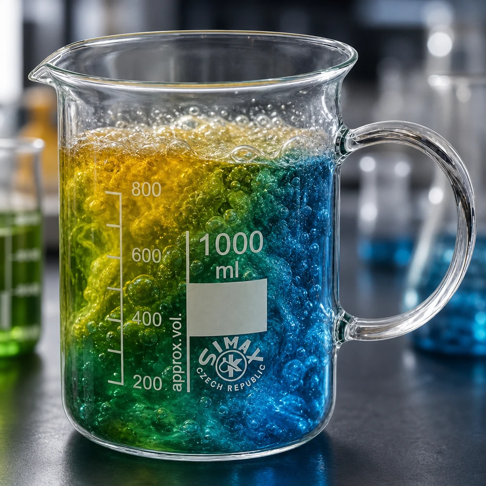 Bicchiere da 1000 ml in vetro borosilicato, con impugnatura Bicchiere da laboratorio da 1000 ml con manico e miscela di reagenti colorati (blu, verde, giallo) in laboratorio