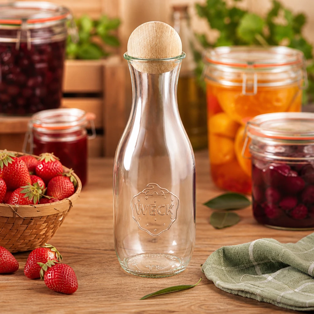 Bottiglia di succo da 1062 ml WECK RR60 con sfera in legno di faggio Bottiglia in vetro WECK 1062ml in cucina con vasetti di marmellata di fragole e tappo a sfera in legno di faggio