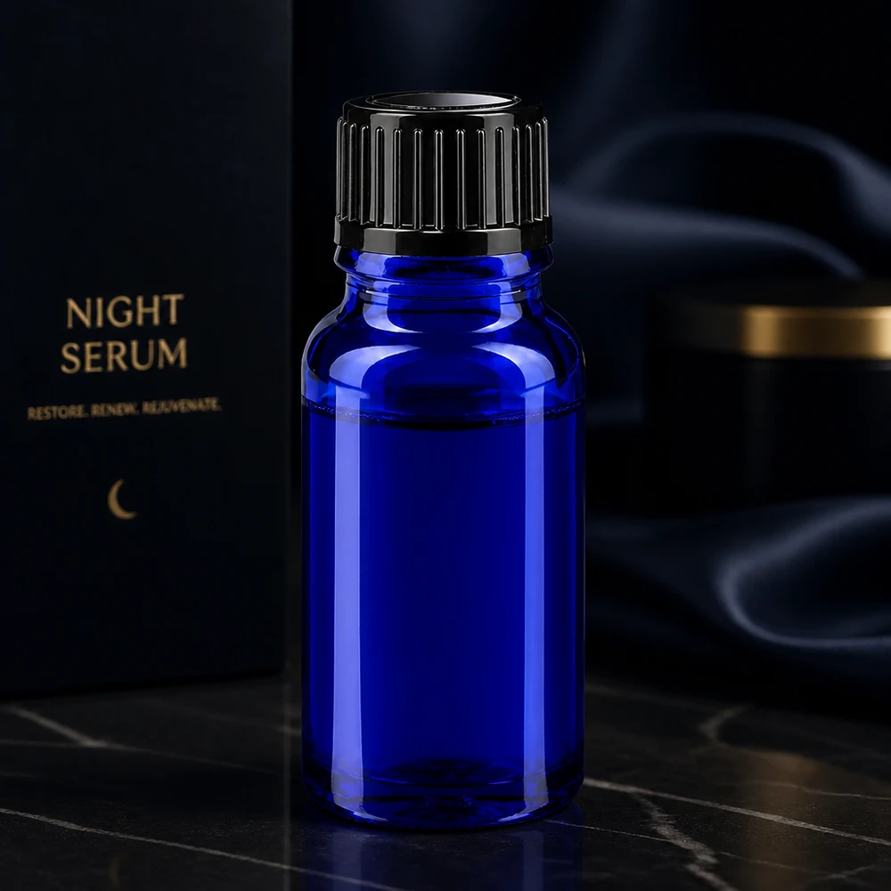 10ml Apothekerflasche blaues Glas schwarzer Verschluss 11mm für Gesichtsserum Abendpflege