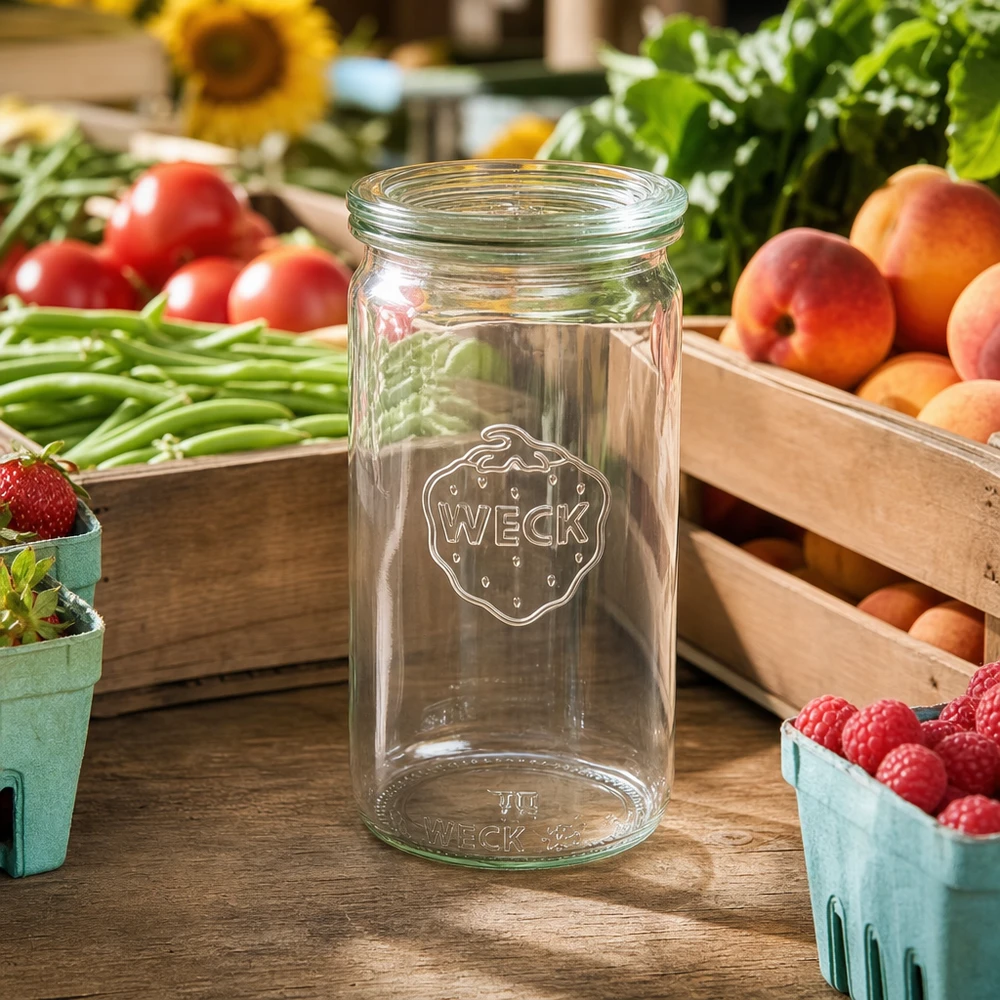 340ml Zylinderglas mit Glasdeckel WECK RR60 WECK 340ml Zylinderglas RR60 transparent auf Holztisch umgeben von frischem Obst Gemüse und Beeren Marktstand-Atmosphäre