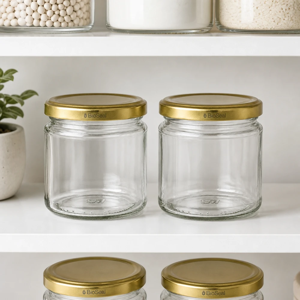 UNiTWIST Pot rond 212ml avec couvercle TO66 BioSeal doré dans le placard à provisions pour une conservation organisée de la cuisine