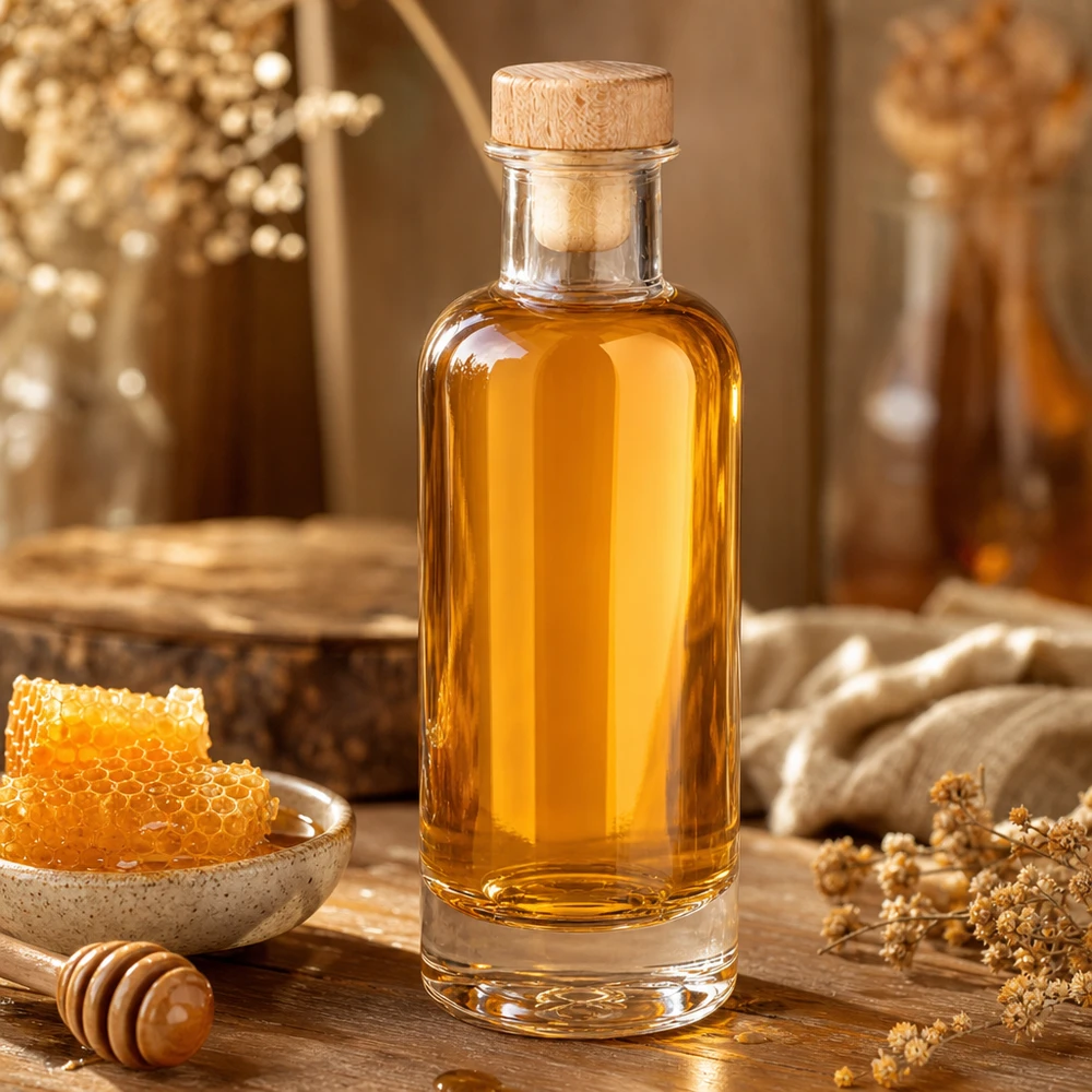 Bottiglia in vetro da 200 ml Ella con tappo in sughero con impugnatura in legno UNiTWIST® Bottiglia in vetro da 200 ml di Ella con tappo in legno riempita di miele accanto a favo e cucchiaio da miele su un tavolo di legno rustico