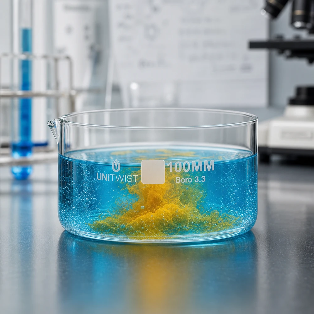 Cristallisoir ø100mm verre borosilicaté UNiTWIST Coupelle de cristallisation 100 mm UNiTWIST Réaction de précipitation bleu jaune Verre borosilicaté Laboratoire
