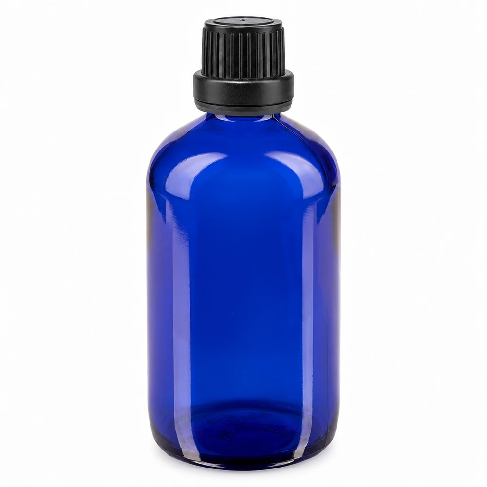 Apothekenflasche blau 100ml Schraubverschluss schwarz Dichteinlage Originalitätsverschluss Blaue Apotheker Glasflasche 100ml UV-Schutz Glas mit schwarzem Tropfverschluss