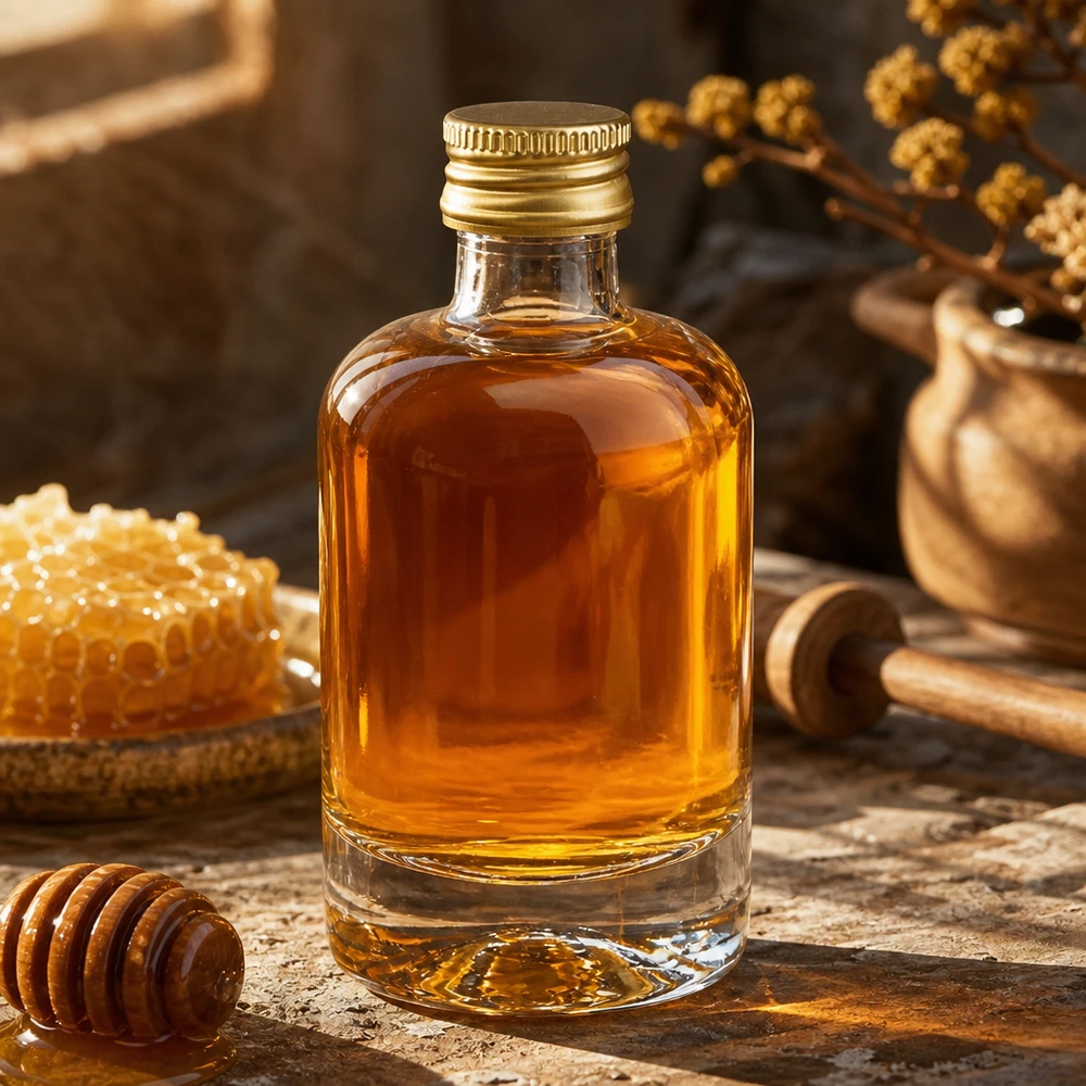 Bottiglia in vetro da 40 ml Sara con tappo a vite dorato UNiTWIST® Bottiglia di vetro da 40 ml Sara riempita di miele - tappo dorato UNiTWIST accanto al favo e al cucchiaio di miele