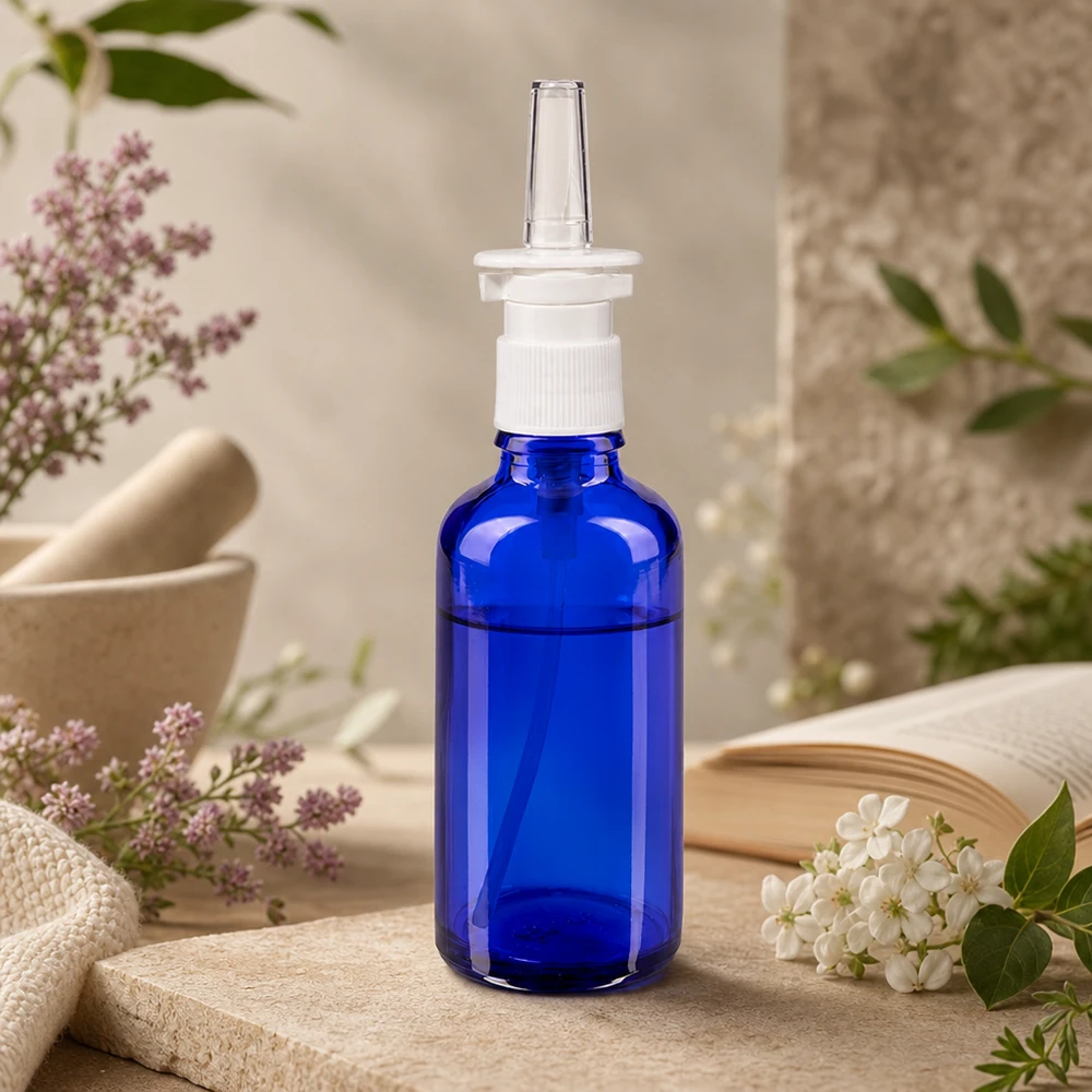 Apothekenflasche blau 50ml Nasenzerstäuber weiß Standard Apotheken-Nasenspray-Behälter 50ml aus blauem Borosilikatglas mit weißem Dosierspender