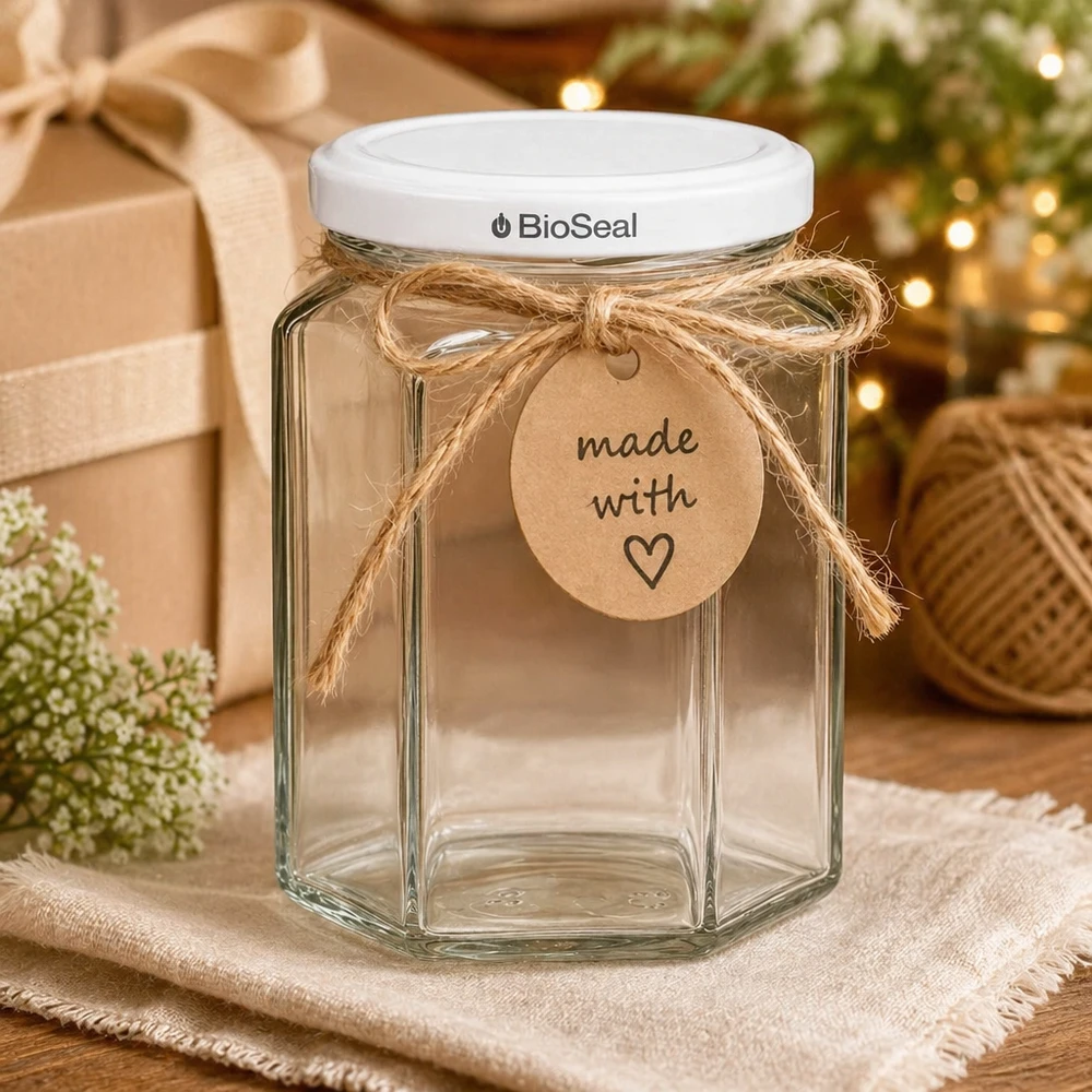 UNiTWIST Hexa288 Einmachglas leer mit weißem TO63 BioSeal Deckel und Geschenkanhänger für DIY Geschenke