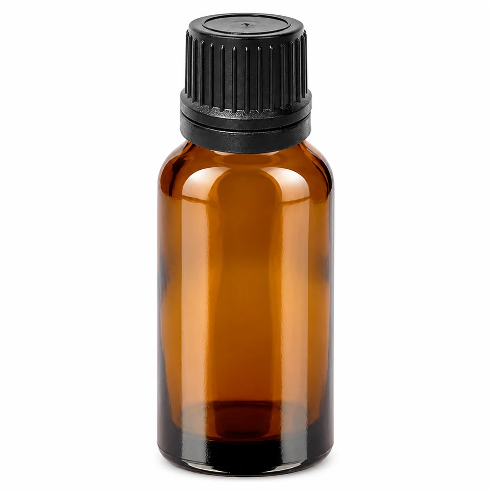 Flacone compatto in vetro ambrato da 20 ml con contagocce, ideale per aromaterapia e oli.