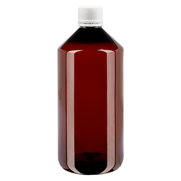 Bottiglia in PET da 1000 ml con tappo bianco antimanomissione, finemente scanalato Bottiglia in PET da 1000 ml con tappo bianco antimanomissione, finemente scanalato