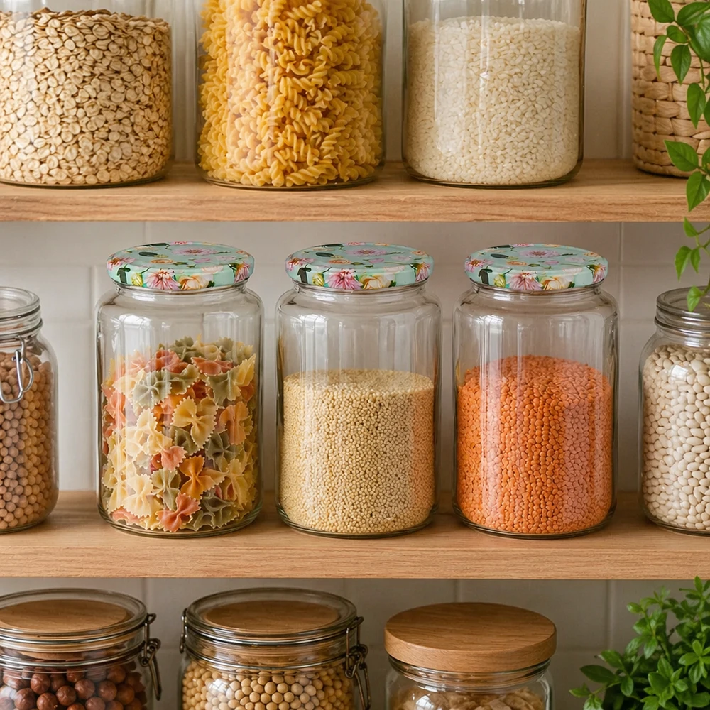 Organizzatore per dispensa con barattoli rotondi da 795 ml con coperchi a fiore di menta, riempiti con pasta, lenticchie e cereali nel mobile dispensa.