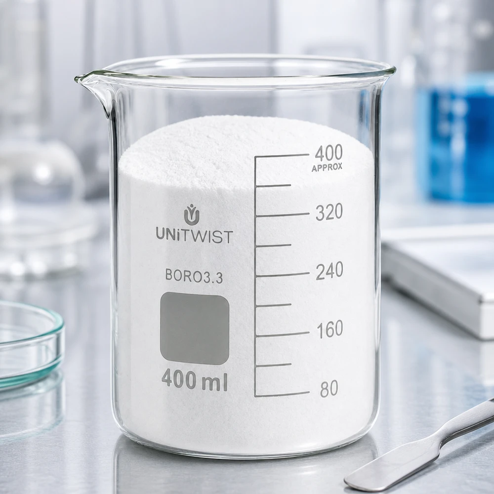 Bicchiere 400ml borosilicato, stampo basso UNiTWIST Bicchiere da laboratorio UNiTWIST da 400 ml, di forma bassa, riempito di polvere bianca su un tavolo da laboratorio