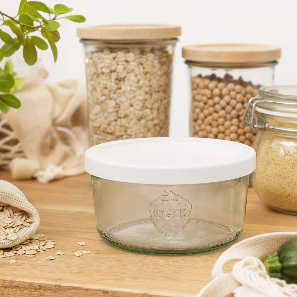 165ml Sturzglas mit Frischedeckel WECK RR80 WECK 165ml Sturzglas RR80 leer in nachhaltiger Zero-Waste Küche mit Vorratsgläsern und Stoffbeuteln aus Holz