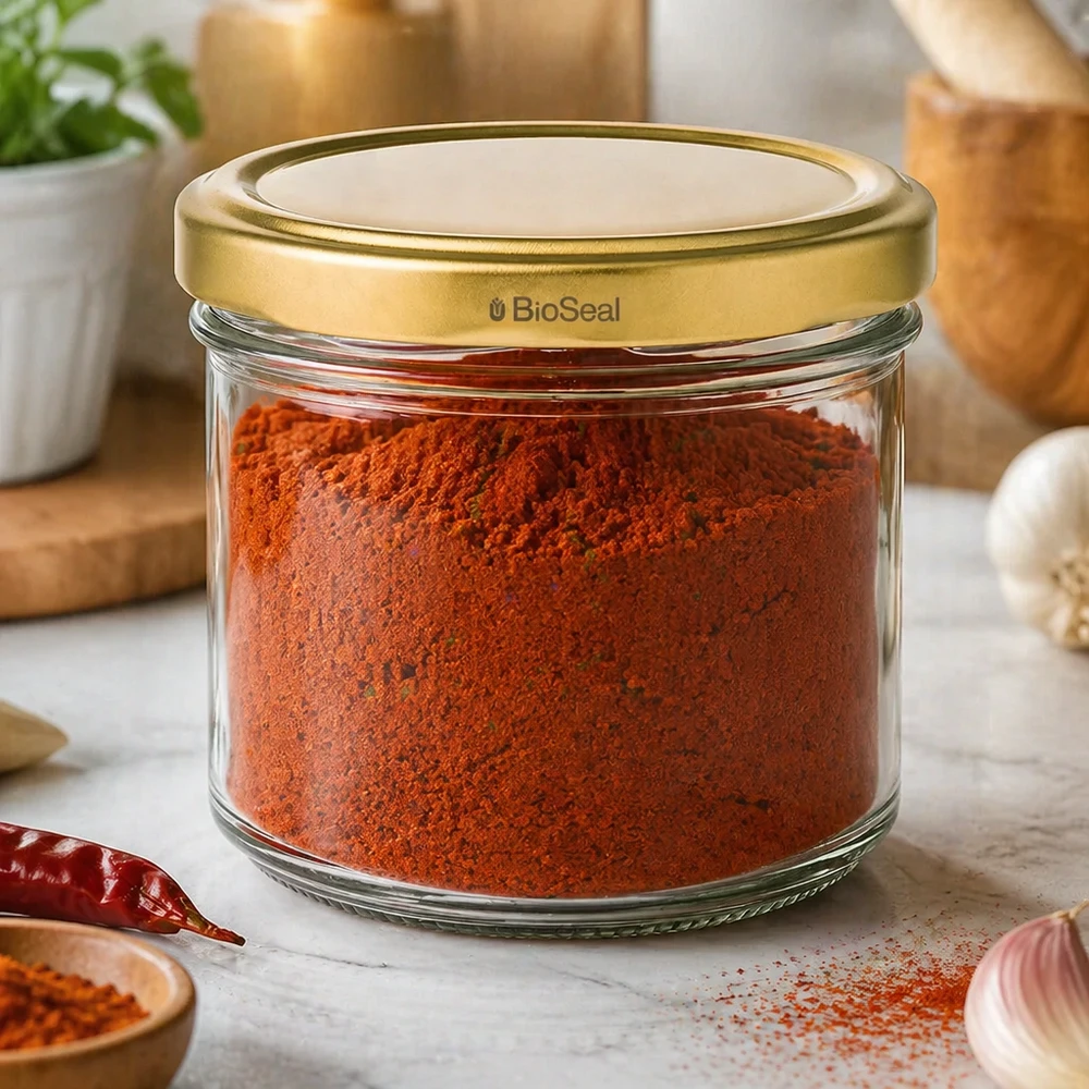 Barattolo per conserve UNiTWIST da 125 ml con polvere di paprika - coperchio dorato TO66 in ambiente cucina