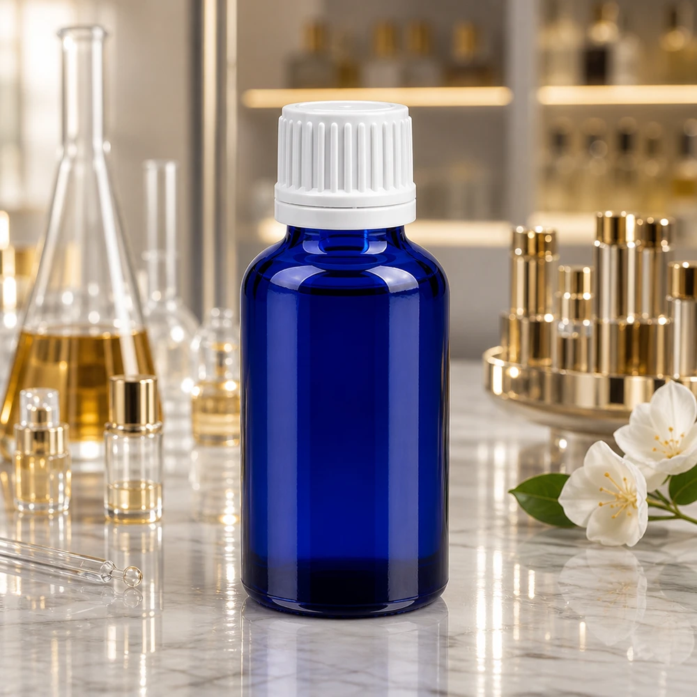 Flacone compatto da 30 ml in vetro blu con protezione dai raggi UV e sistema di chiusura sicuro