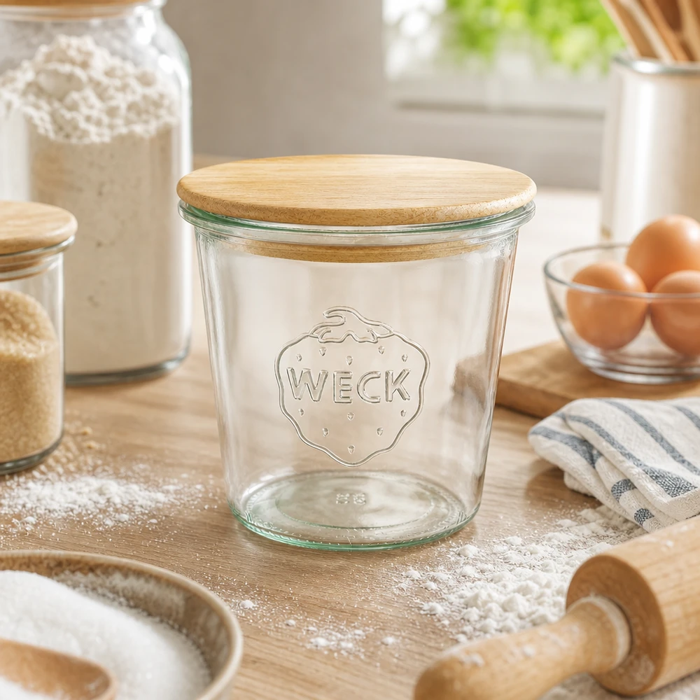 580ml Sturzglas WECK RR100 mit Holzdeckel WECK Sturzglas 580ml leer mit Holzdeckel in Küche auf Mehl bestäubtem Holztisch zwischen Backzubehör und Eiern