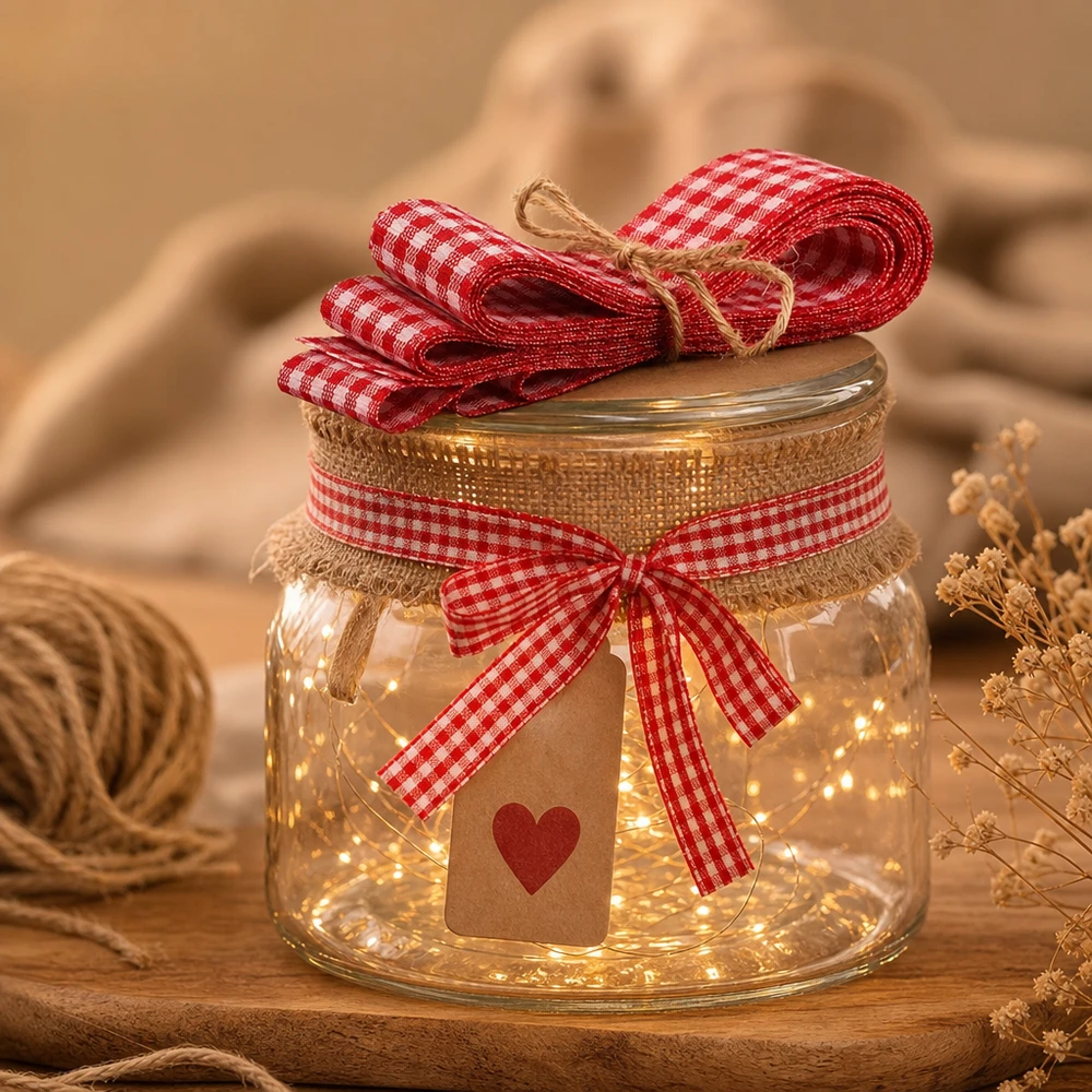 Nastro in tessuto rosso/bianco per decorazioni, 300 cm Nastro in tessuto a quadri rossi e bianchi di 300 cm come decorazione luminosa a LED su un vaso di vetro con ciondolo a cuore in un'atmosfera accogliente