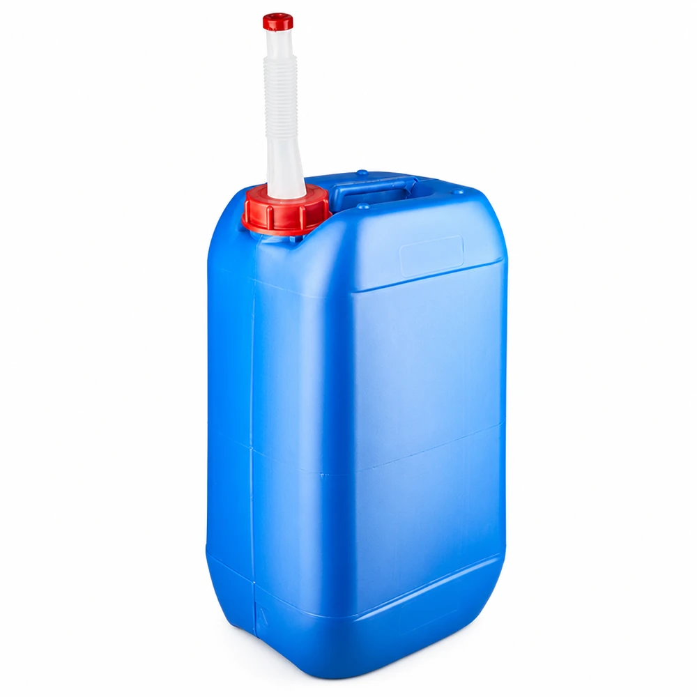 Bidon 15 litres bleu avec tube de vidange Flex Bidon en plastique bleu de 15 litres, muni d'un bec verseur flexible et d'un bouchon à vis rouge