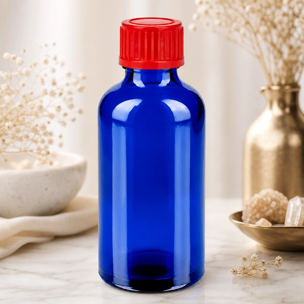 Flacone da farmacia da 50 ml in blu cobalto con tappo professionale standard da 11 mm rosso