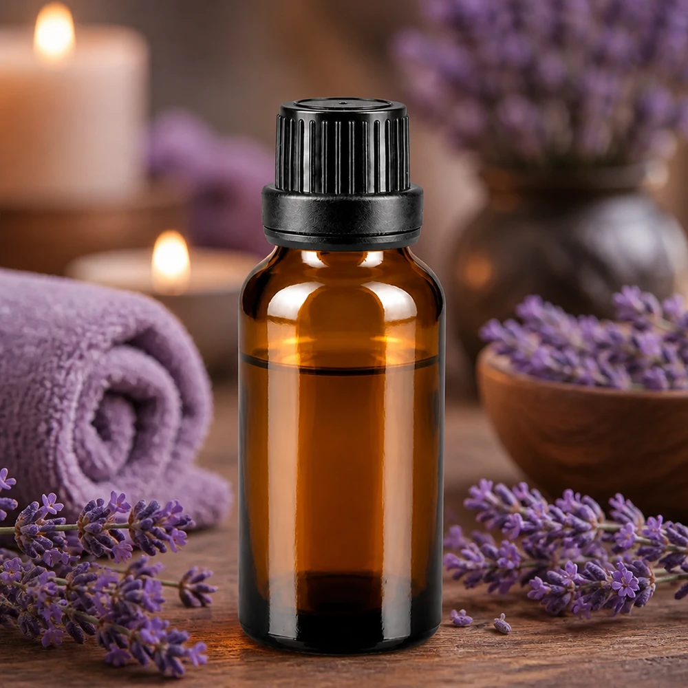 Flacon compte-gouttes brun de 20 ml en verre de pharmacie, muni d'un bouchon à vis noir, parmi des fleurs de lavande